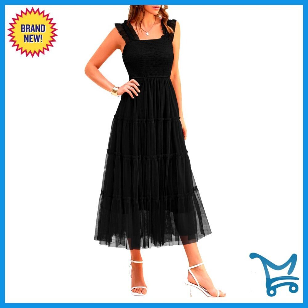 Tulle Midi Dress Sleeveless Smocked Ruffle Flowy Mesh Wedding Guest Sundress